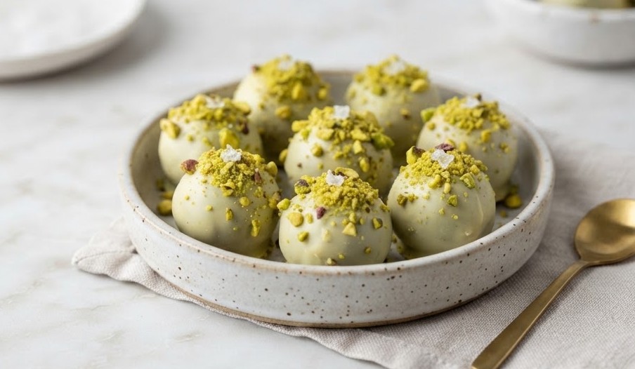 Pistachio Truffles — Crushed pistachio on white shells